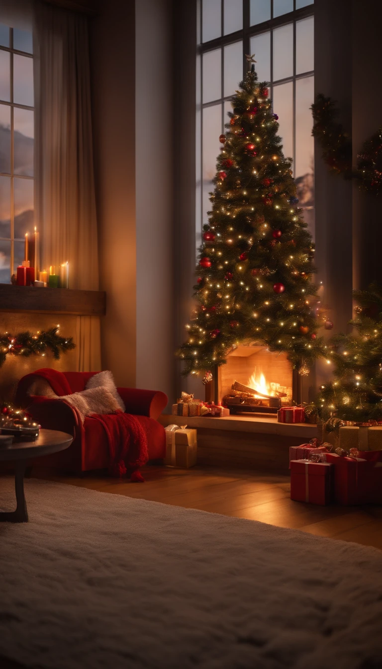 Uma foto de paisagem ampla (vista de baixo, A room with a fireplace and Christmas tree, com presentes ), um papai Noel, and several children, Detalhes Intrincados, volumetric lighting BREAK (Obra-prima: 1.2), (Melhor Qualidade), 4k, Ultra Detalhado, (dynamic compositing: 1.4), Rico em Detalhes e Cor, (rainbow color: 1.2), (Brilho, Atmospheric Illumination), Sonhador, magica, (Solo: 1.2)