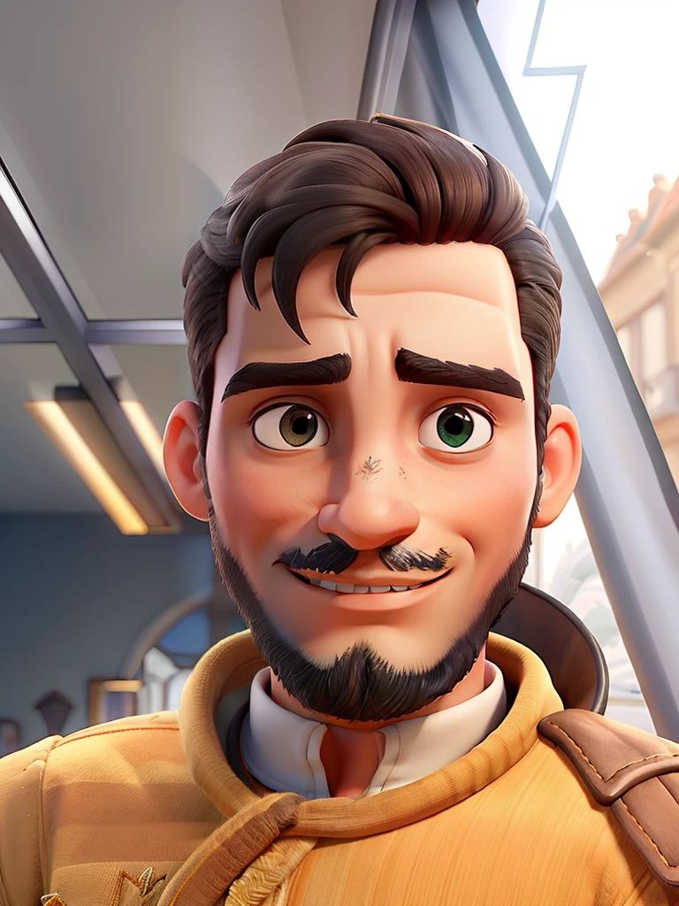 Um homem vestindo um terno como o do Jack skellington, veste uma capa de bruxo prata, Next to it is a small round table with a golden candlestick and in the background a window, cortinas cor de vinho, poses while looking at the camera sideways, cabelos pretos, rosto sem barba, rosto magro, In his hand a dark Zul umbrella, The sky that appears in the window is dark and starry