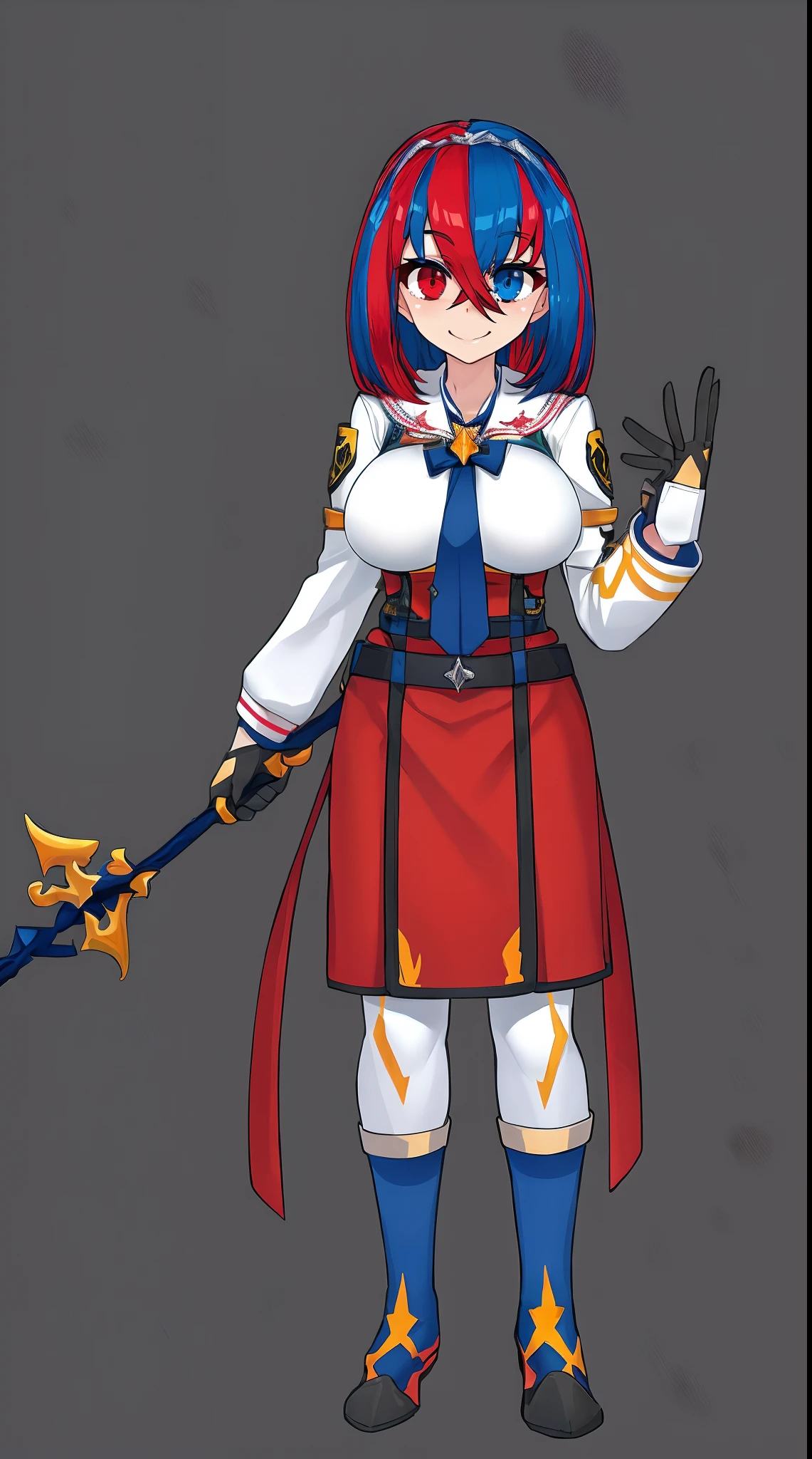 aleardef, heterochromia, gloves, long sleeves, full body, standing, smile,staff holding, medium breast, tall