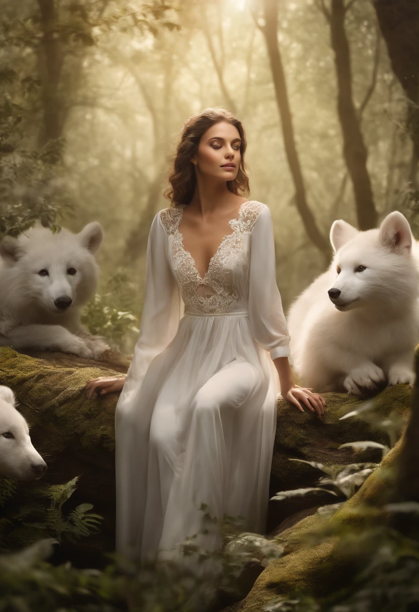 Uma foto profissional de alta qualidade, in 4k resolution, captura em detalhes realistas uma garota encantadora em um pijama branco fofo com orelhas e rabo de raposa. She's sitting in the middle of an enchanted forest, where each element is portrayed to perfection. As texturas do pijama, ears and tail are sharp and palpable. A luz do sol incide sobre as folhas e ilumina suavemente o rosto da menina, highlighting every delicate and charming expression