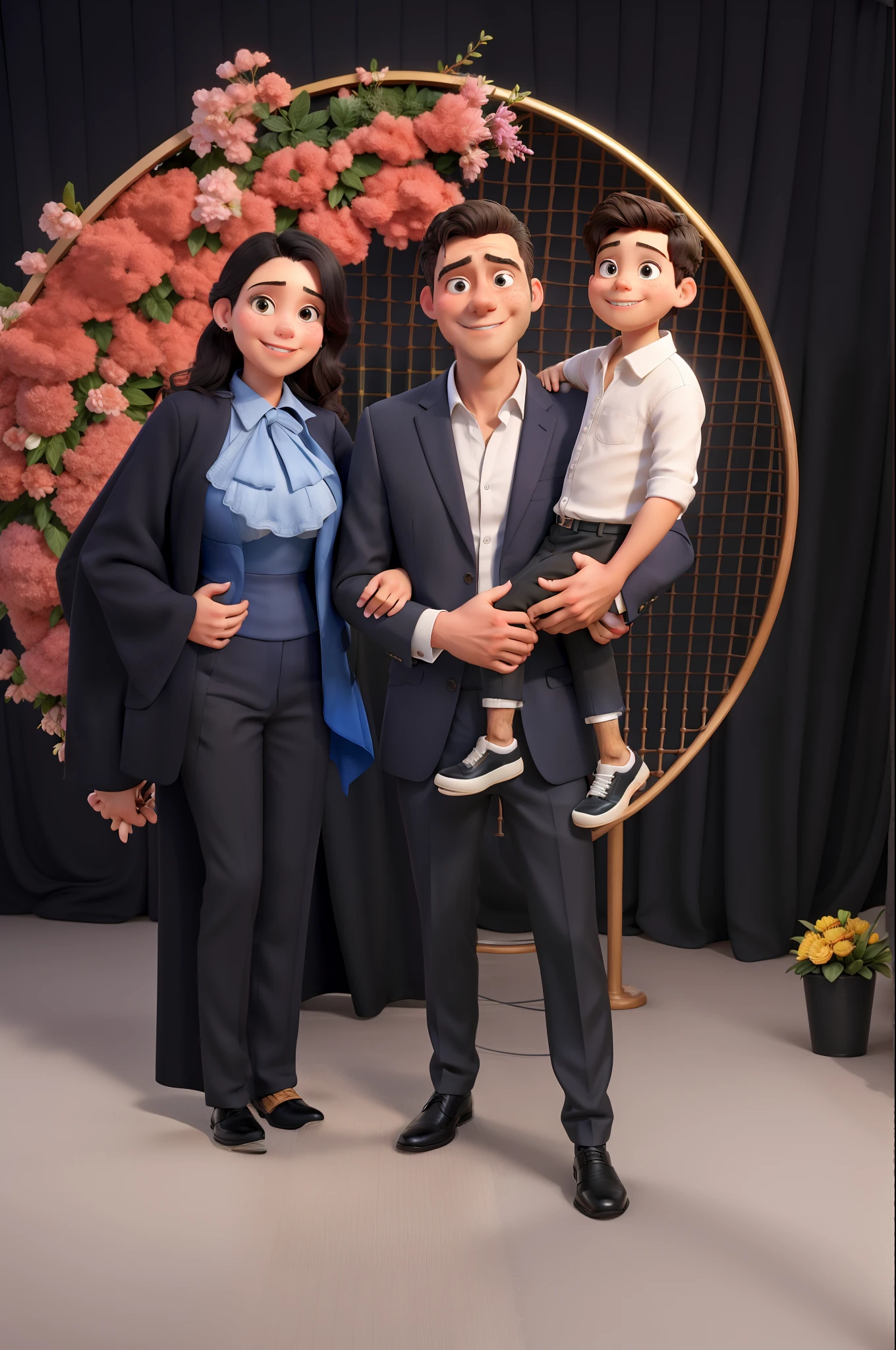 A imagem apresenta um homem, A woman and a standing together in a room. The man is wearing a suit and black shoes, while the woman is dressed in a prom gown in Berto and blue. The childeing held by the man, e todos eles parecem estar posando para uma foto. Everybody's happy for the moment.