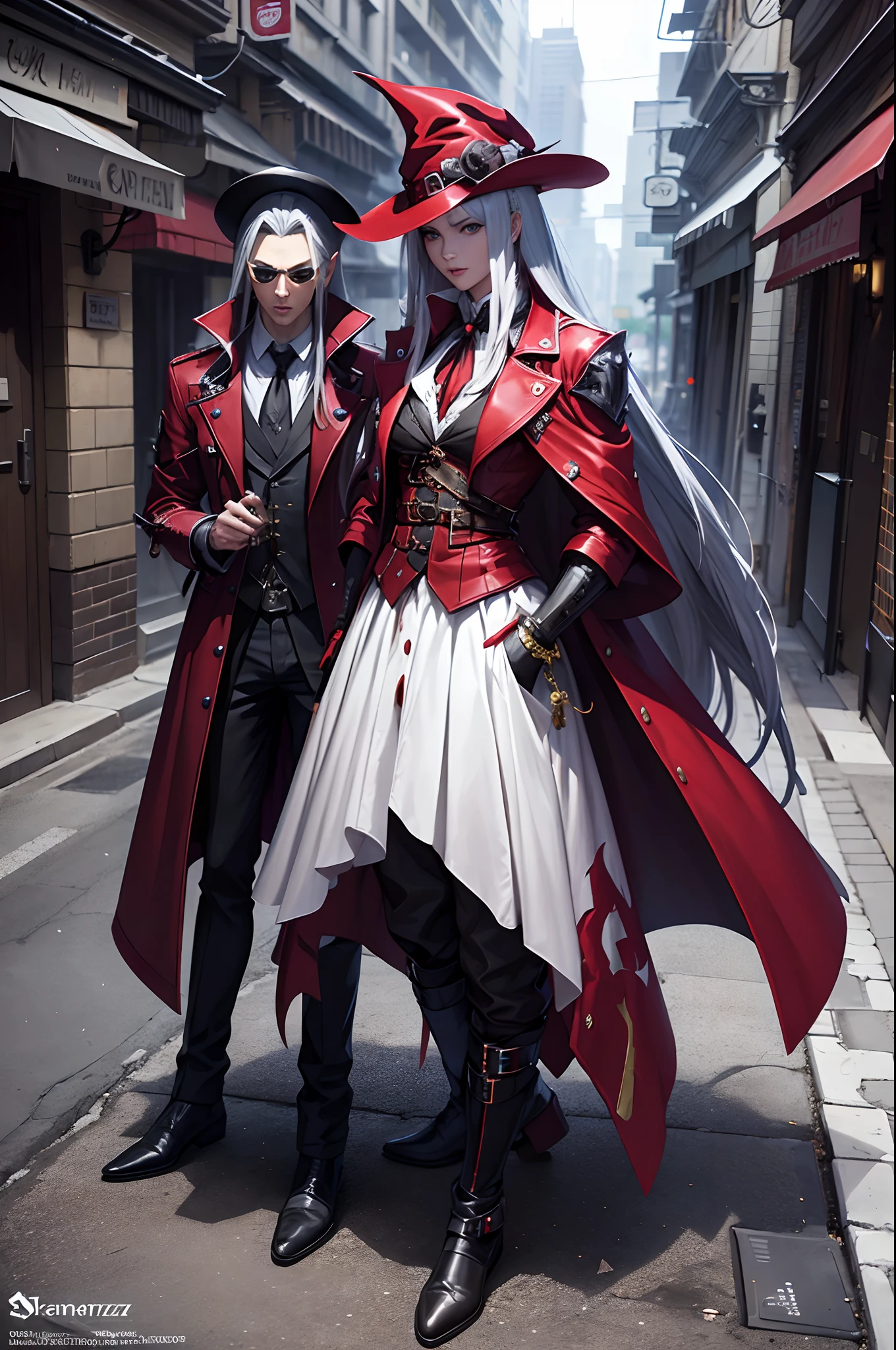 araffe dressed in a red coat and black pants standing on a sidewalk, alucard, son of sparda, sephiroth, a photo of sephiroth, sakimichan frank franzzeta, guilty gear art direction, sfw version, trending on artstation pixiv, from ncsoft, fighting game character, sylas, Anime, Anime art germ, Anime styled digital art, realistic anime, 3d anime, Extremely detailed.