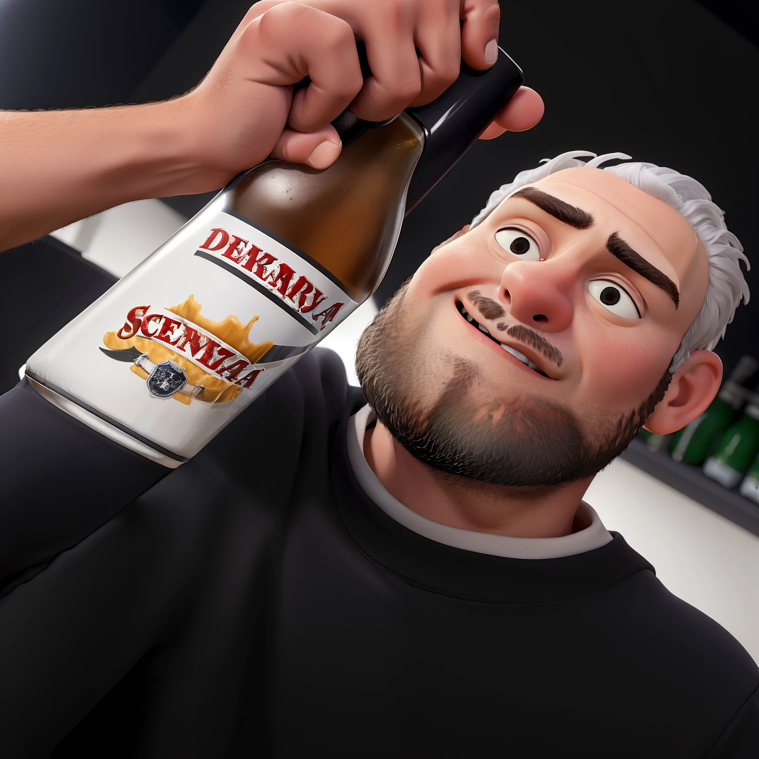 Homen branco de camisa preta sorindo sentado segurando uma garafa de cerveja original