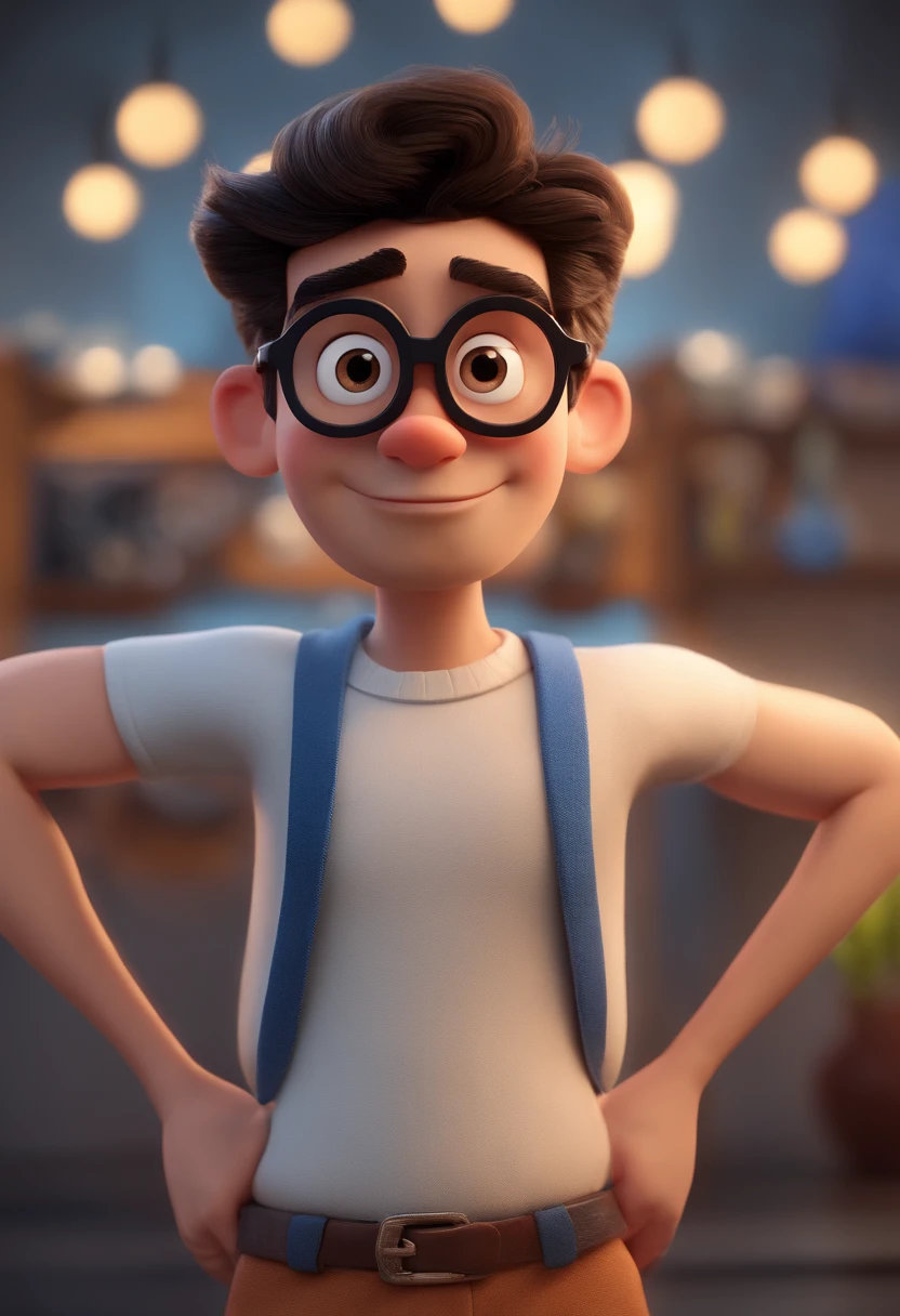 Pixar Disney cartoon character of a man with black glasses and a blue shirt, animation character, Caractere estilizado, animation style rendering, 3D estilizado, Arnold Maya render, 3 d render stylized, toon render keyshot, Personagem 3D, Personagem 3D, 3d rendering stylized, 3 d character render, personagem de desenho animado, Personagem de close up, Pose de personagem, (Estilo Pixar) (master part:1.2) (Bokeh) (best quality) (pele detalhada) (textura detalhada) (8k) (argila) (Cinematic lighting) (foco nítido