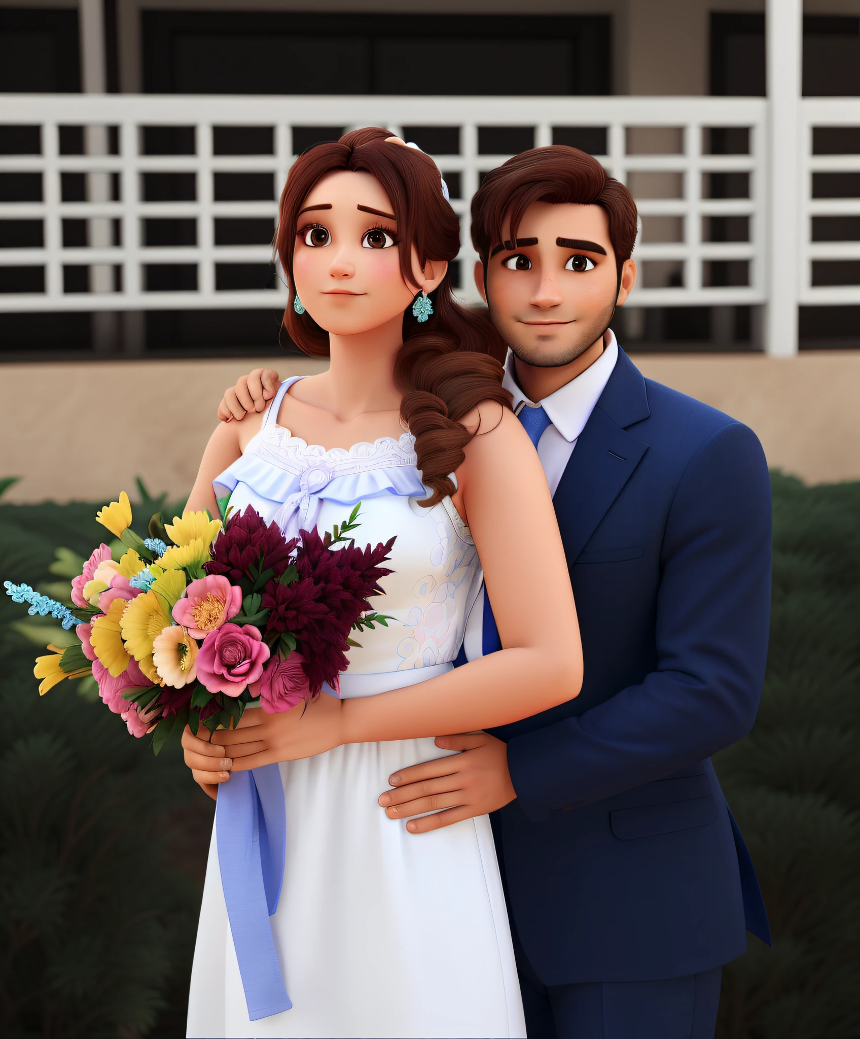 Homem com bordou branca e camisa branca e terno azul escuro, mulher com vestido de noiva branco, boque com flores com cores de outono