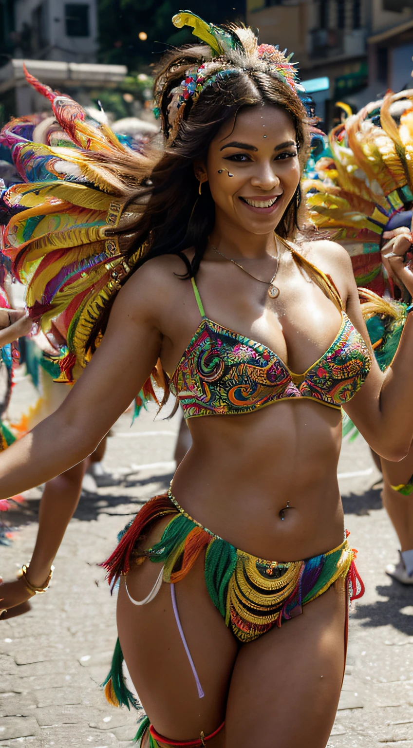 (best quality,4k,8k,highres,masterpiece:1.2),ultra-detailed,(realistic,photorealistic,photo-realistic:1.37),portraits,colorful, vibrant, Rio de Janeiro's Carnival parades, lively music, cheering crowd, infectious energy, joy, festival, costumes, energetic dancers, beautiful floats, flamboyant attire, intricate designs, feathers, sequins, masks, samba rhythms, group performances, street party, vibrant decor, bustling streets, vibrant colors, lively atmosphere