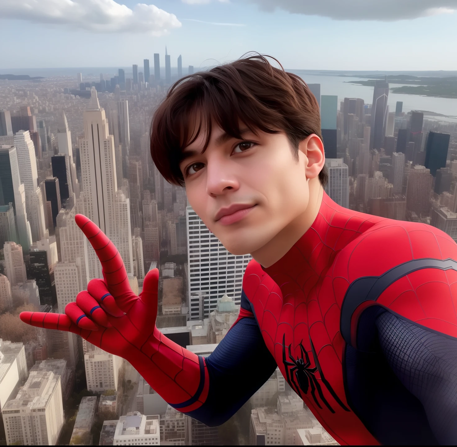 Spider - Man posa para uma foto em frente a uma paisagem urbana, Peter Parker como Homem-Aranha, Jungkook, Pedro Parker, Tom Holanda, aranha - homem, Homem-Aranha, Cai Xukun, Spiderman, Michael Jackson como Homem-Aranha, Fotografia selfie 8k, foto de perfil, 8k!, aranhaverso, 🦩🪐🐞👩🏻🦳, Retrato do Homem-Aranha