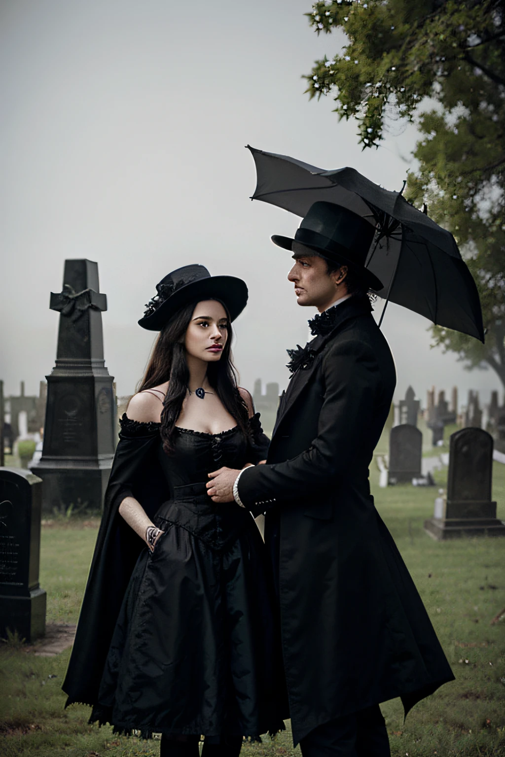 Gothic image of an 18th century couple, with the man in a black cape and top hat, and the woman in a black dress and parasol in her hand, with the background of a cemetery with fog
