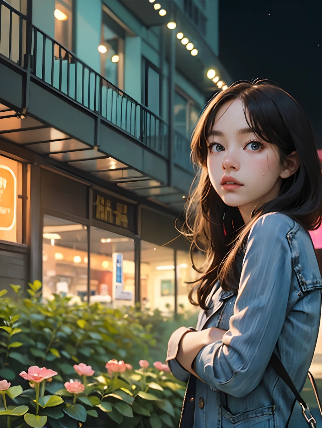 masterpiece, face-focused portrait, standing, (looking at viewer: 1.2), 1girl, pretty face, | outdoor, garden, (night), night, cozy lights, european scene, western garden, | futuristic city, neon lights, | depth of field, realistic style, style, --auto --s2