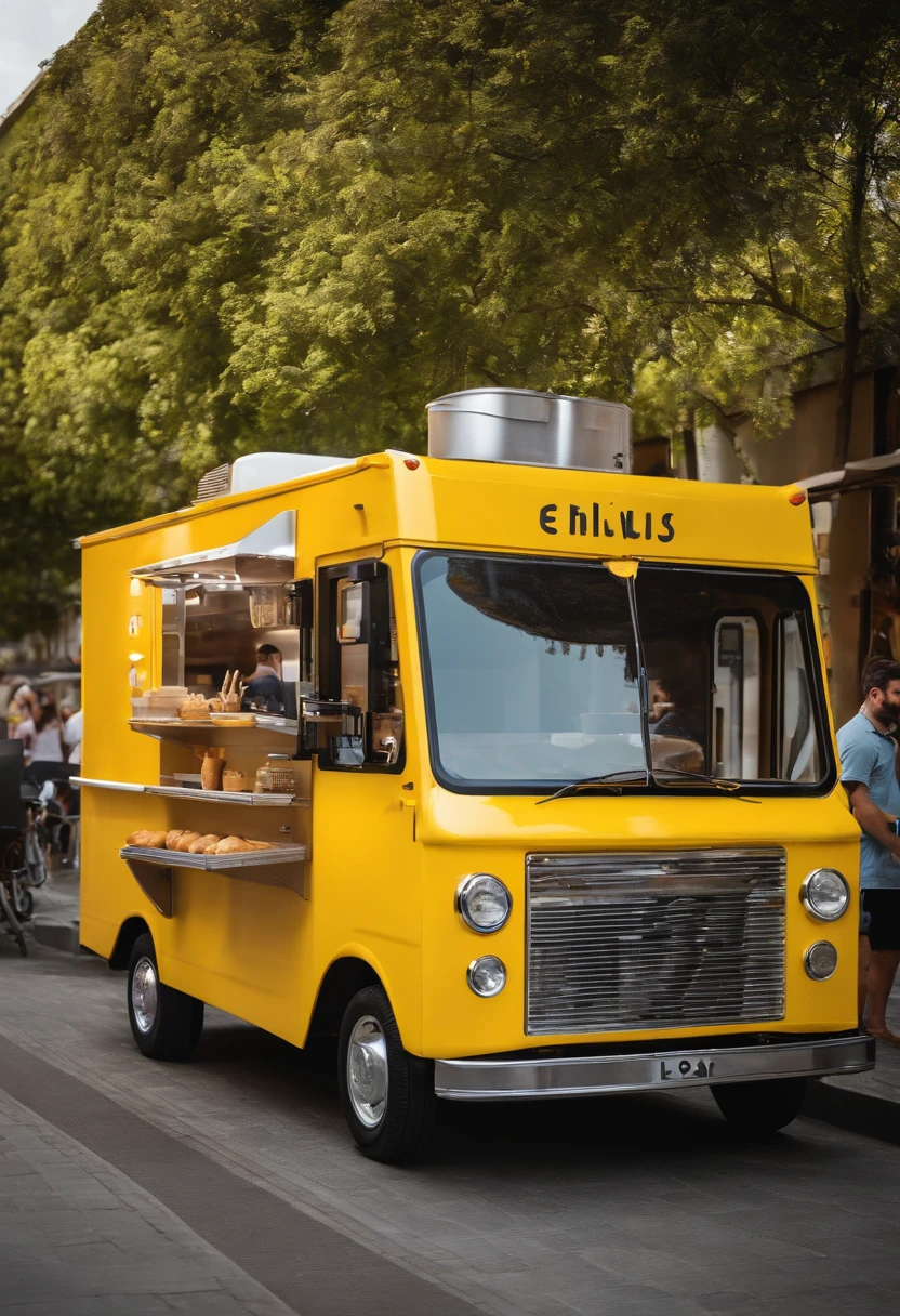 Estilo pixar um food  truck amarelo de sorvete , estacionado em frente a Leroy Merlin