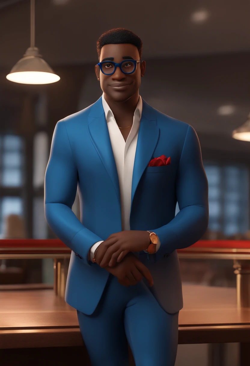 Pixar Disney cartoon character of a black man with black glasses dressed in blue suit, blusa branca, gravata vermelha , animation character, Caractere estilizado, animation style rendering, 3D estilizado,Pose de personagem, (Estilo Pixar)