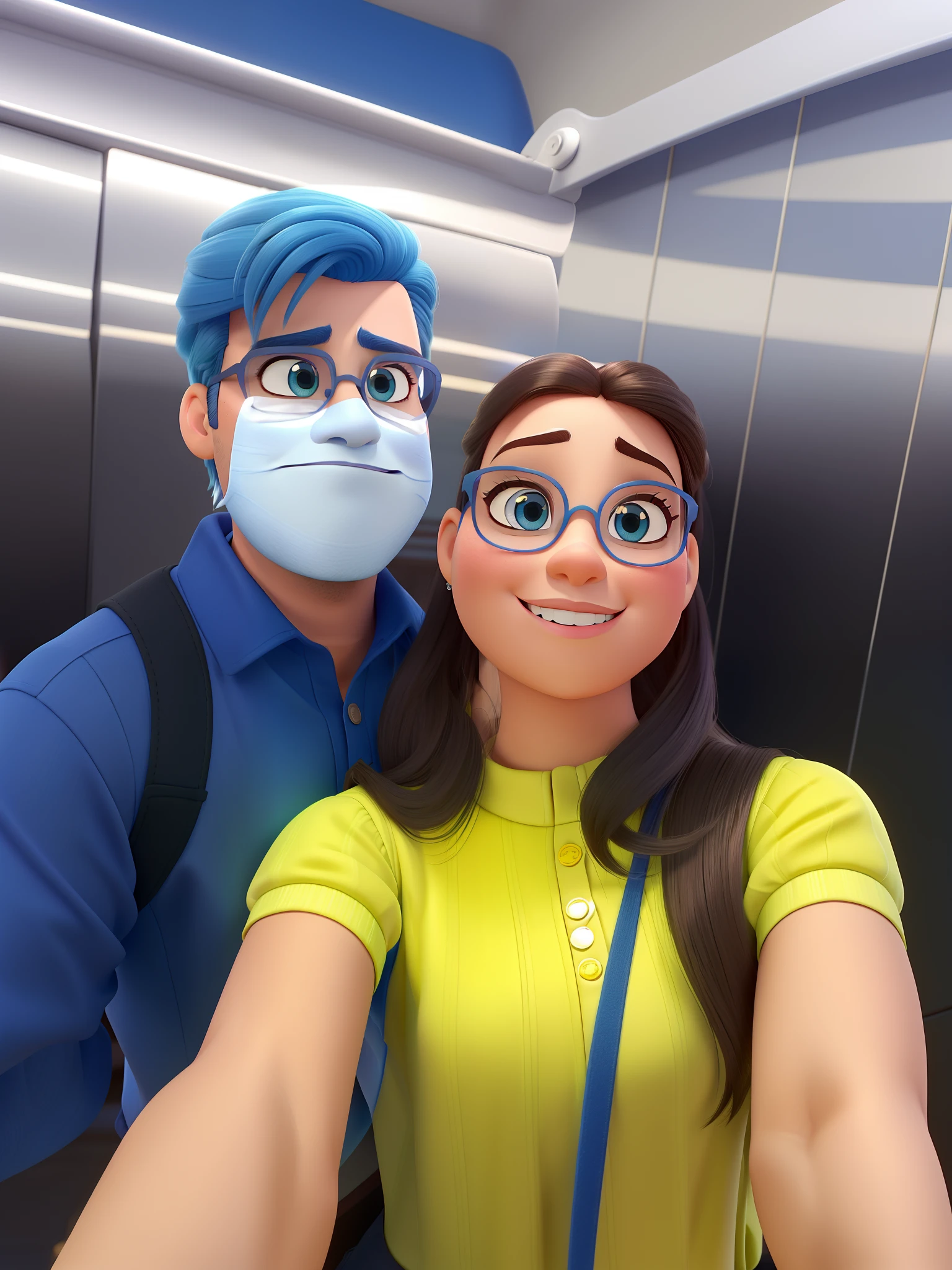 Casal estilo disney pixar melhor qualidade alta qualidade. Homem branco, cabelos castanhos escuros, olhos castanhos, usando mascara, camisa azul marinho. Mulher branca, olhos castanhas, Sunglasses with royal blue frame.