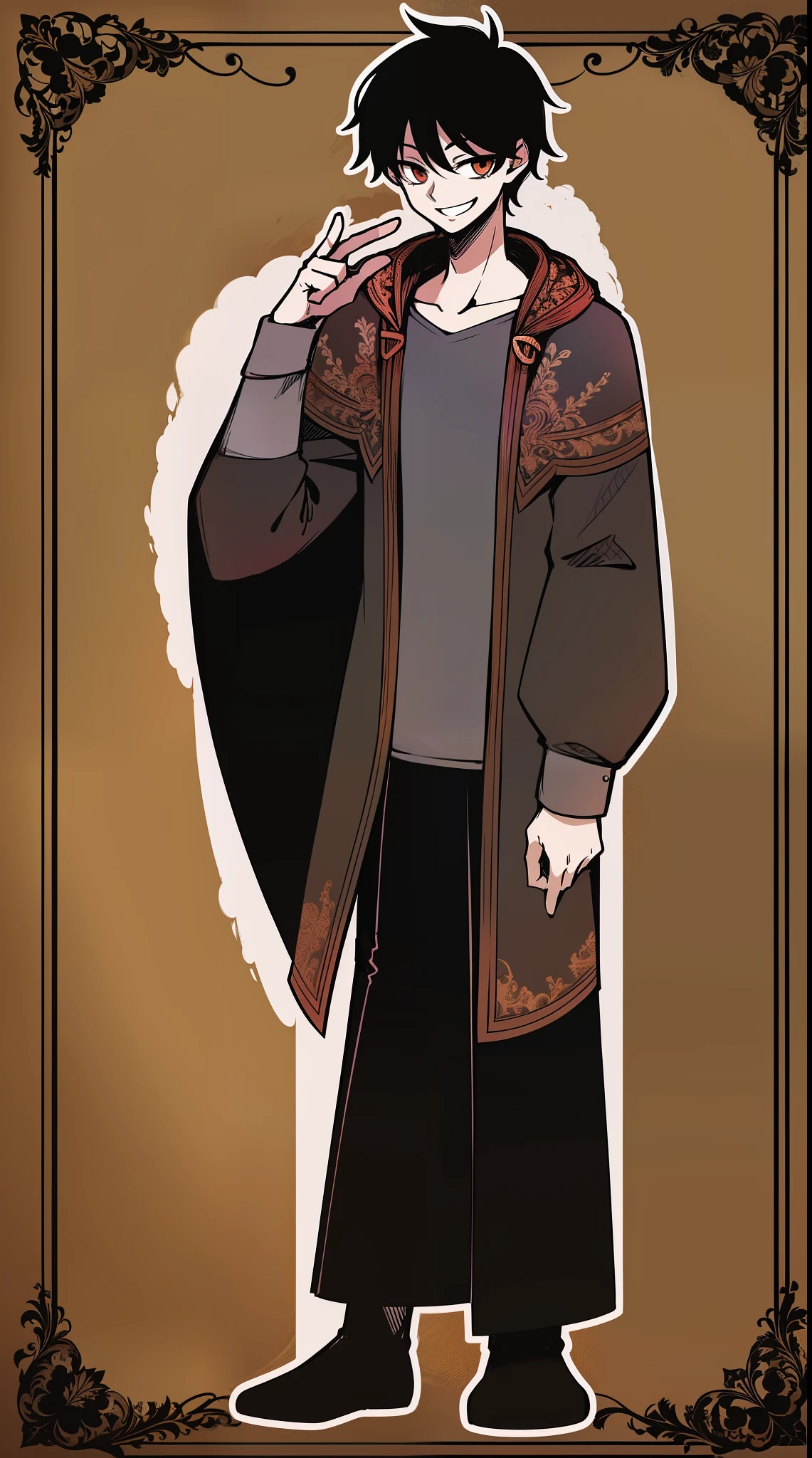 young man, black hair, messy hair, smile, tunic skinny, short hair,standing,wizard