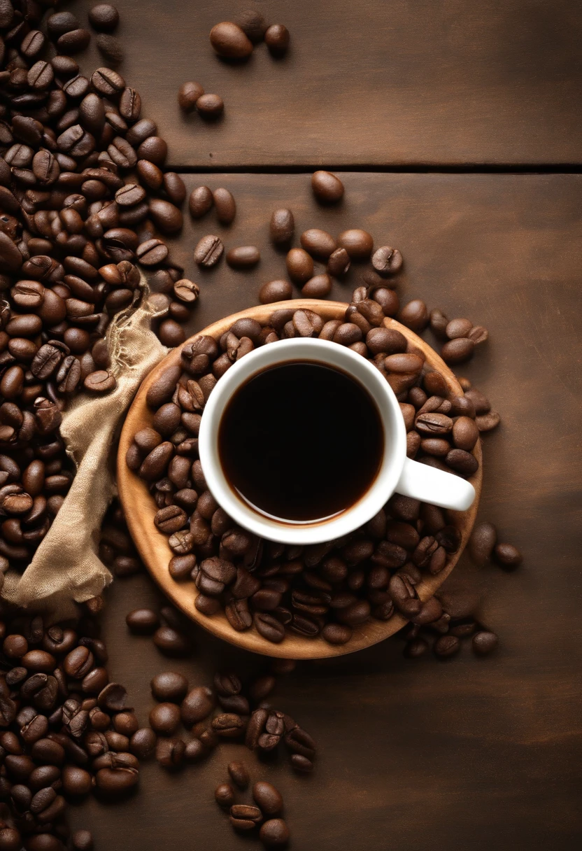 Artist's impression of a steaming cup of coffee in rustic setting. Fresh coffee beans spread on wood next to it. Dew acerolas and apricots in the middle positioned next to the cup, destacando cores e texturas. Feeling of freshness and desire to taste.