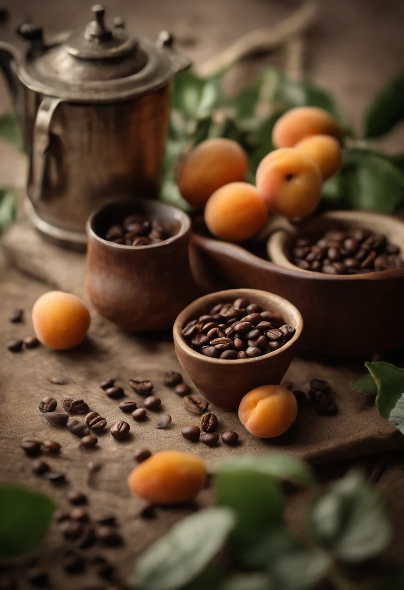 Artist's impression of a steaming cup of coffee in rustic setting. Fresh coffee beans spread on wood next to it. Dew acerolas and apricots in the middle positioned next to the cup, destacando cores e texturas. Feeling of freshness and desire to taste.