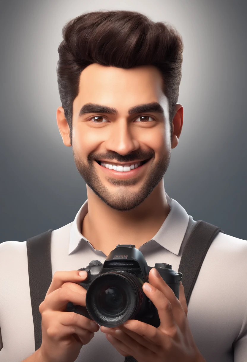 Smiling man holding a camera and a flash light in front of him, foto profissional, barba branca, foto profissional, Eloy Morales, imagem profissional, Foto selfie 8k, Professional Sports Photographer, enquanto sorri para uma fotografia, smiling at camera, camera flash is so bright, fotografia profissional, happily smiling at the camera, Luis Nieves Sr.., Looking at camera!!!
