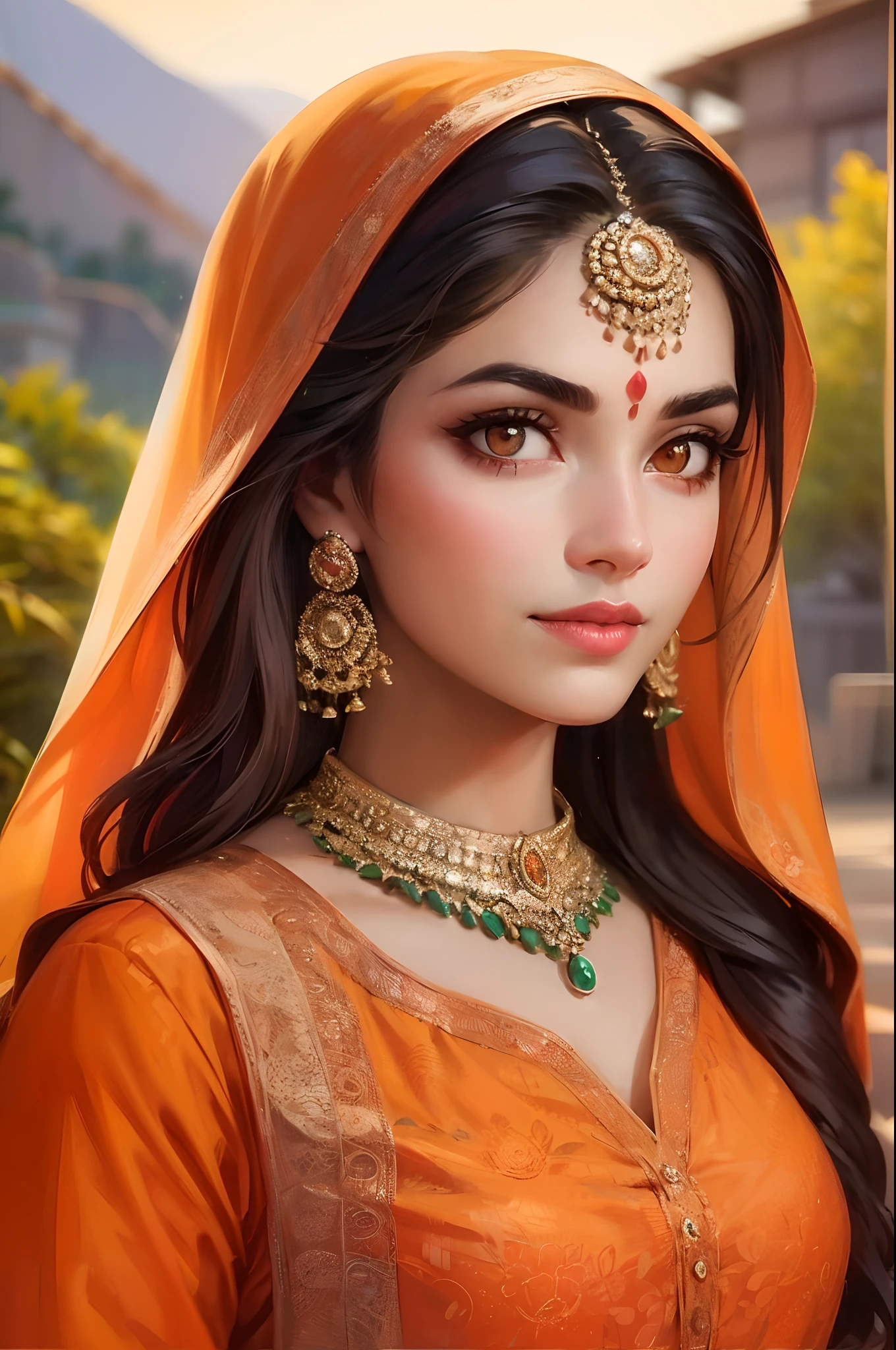 Generate a stunning portrait illustration of a 30 year old beautiful woman in a picturesque landscape. (Beautiful face), (pretty face). She is wearing an elegant orange kurta that complements her fair skin, (fair skin), (white skin), (pink lips), with her hair a lovely shade of light orange (light orange hair), (glowing orange hair). Her face is flawless. Her eyes are captivating,  (a bindi between her eyebrows), (red sindoor), (orange bindi). (Orange eyes), (perfect eyes), glowing orange eyes. ((Straight brows)). The scene is bathed in cinematic lighting and colors, with a breathtakingly beautiful background. The camera angle is chosen to be cinematic, creating a mesmerizing image.