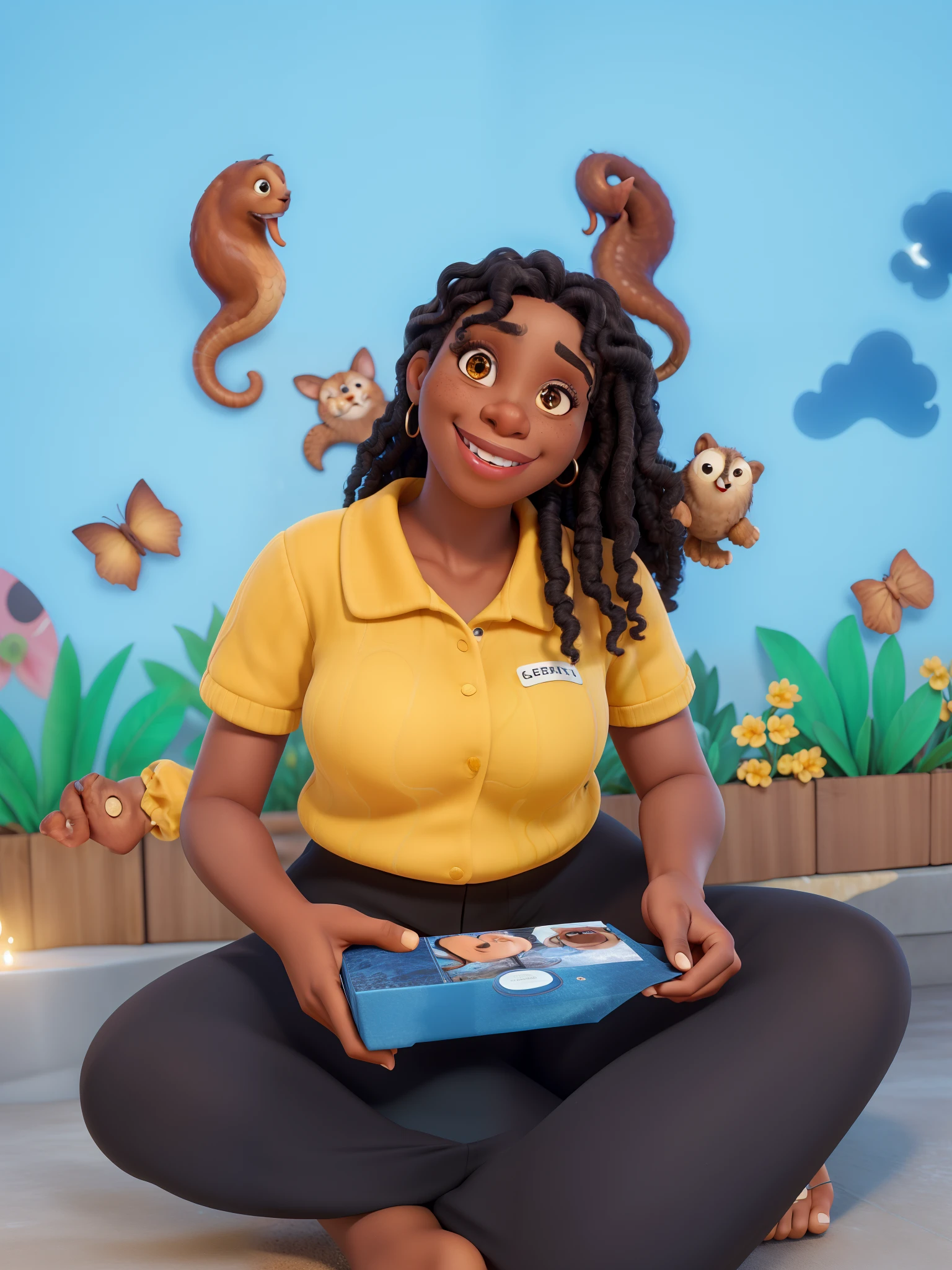 (black woman,long curly hair with highlights,smiling,medium eyes)beautiful detailed eyes,beautiful detailed lips,extremely detailed eyes and face,long eyelashes,illustration,ultra-detailed,realistic:1.37,(best quality,4k,8k,highres,masterpiece:1.2),ultra-fine painting,sharp focus,vivid colors,portrait,warm color tones,warm lighting