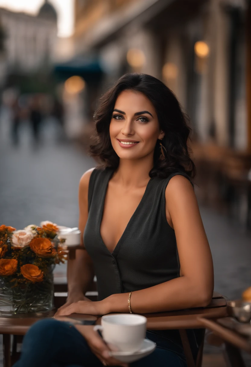 Beautiful Brazilian woman sitting and drinking coffee outside on the side of the street in a small café, beautiful face, Short black hair down to the nape of her neck with brown eyes and heavy eyeshadow, Wearing jeans and a black polo shirt, grande estilo de moda, looking at you with loving eyes and a soft smile, Background is a European city of the city center, fundo desfocado, profundidade de campo rasa, Cinematic light, luz suave, retroiluminado, micro-detalhes, renderizado, fotorrealista, cinemactic