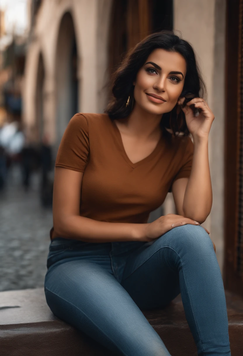 Beautiful Brazilian woman sitting and drinking coffee outside on the side of the street in a small café, beautiful face, Short black hair down to the nape of her neck with brown eyes and heavy eyeshadow, Wearing jeans and a black polo shirt, grande estilo de moda, looking at you with loving eyes and a soft smile, Background is a European city of the city center, fundo desfocado, profundidade de campo rasa, Cinematic light, luz suave, retroiluminado, micro-detalhes, renderizado, fotorrealista, cinemactic