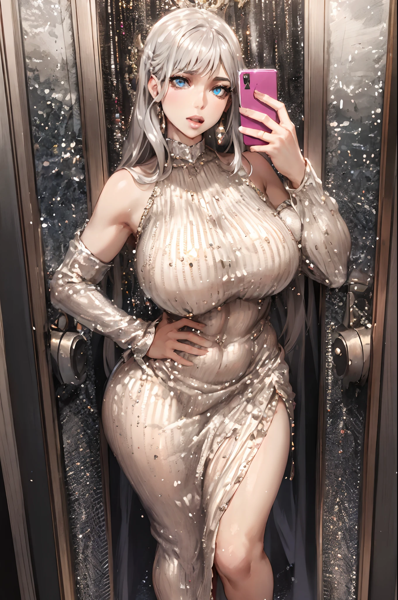 Araffe mujer con un vestido plateado tomando una selfie en un espejo, con vestido plateado, vestido sexy, Envuelto en oro brillante y plata, fancy silver dress, Vestido voluminoso caro, vestido de lujo, plata brillante, Thicc, Outfit muy sexy, better known as amouranth, Amouranth, vestido sexy, con un vestido brillante, shiny and metallic
