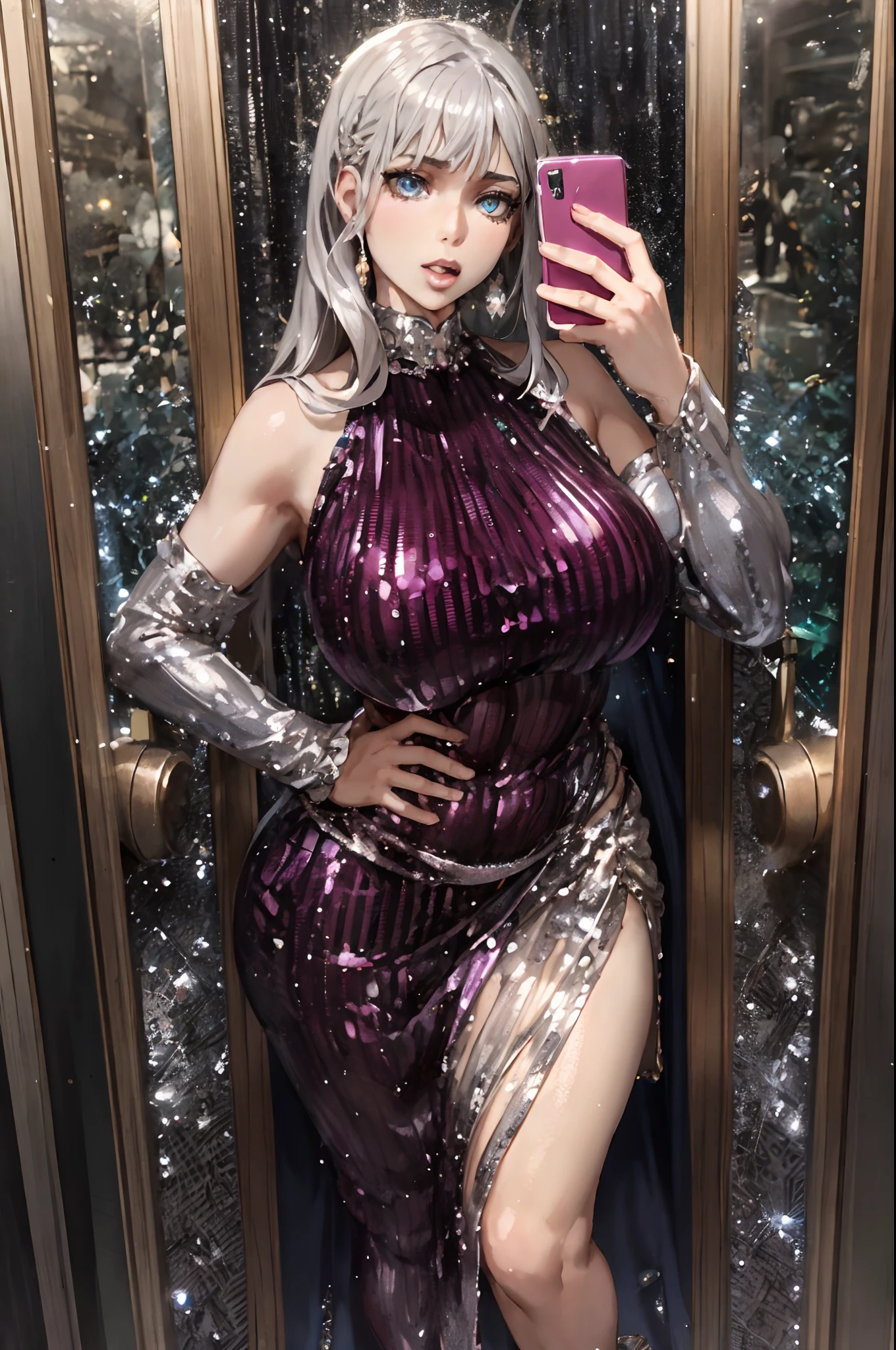 Araffe mujer con un vestido plateado tomando una selfie en un espejo, con vestido plateado, vestido sexy, Envuelto en oro brillante y plata, fancy silver dress, Vestido voluminoso caro, vestido de lujo, plata brillante, Thicc, Outfit muy sexy, better known as amouranth, Amouranth, vestido sexy, con un vestido brillante, shiny and metallic