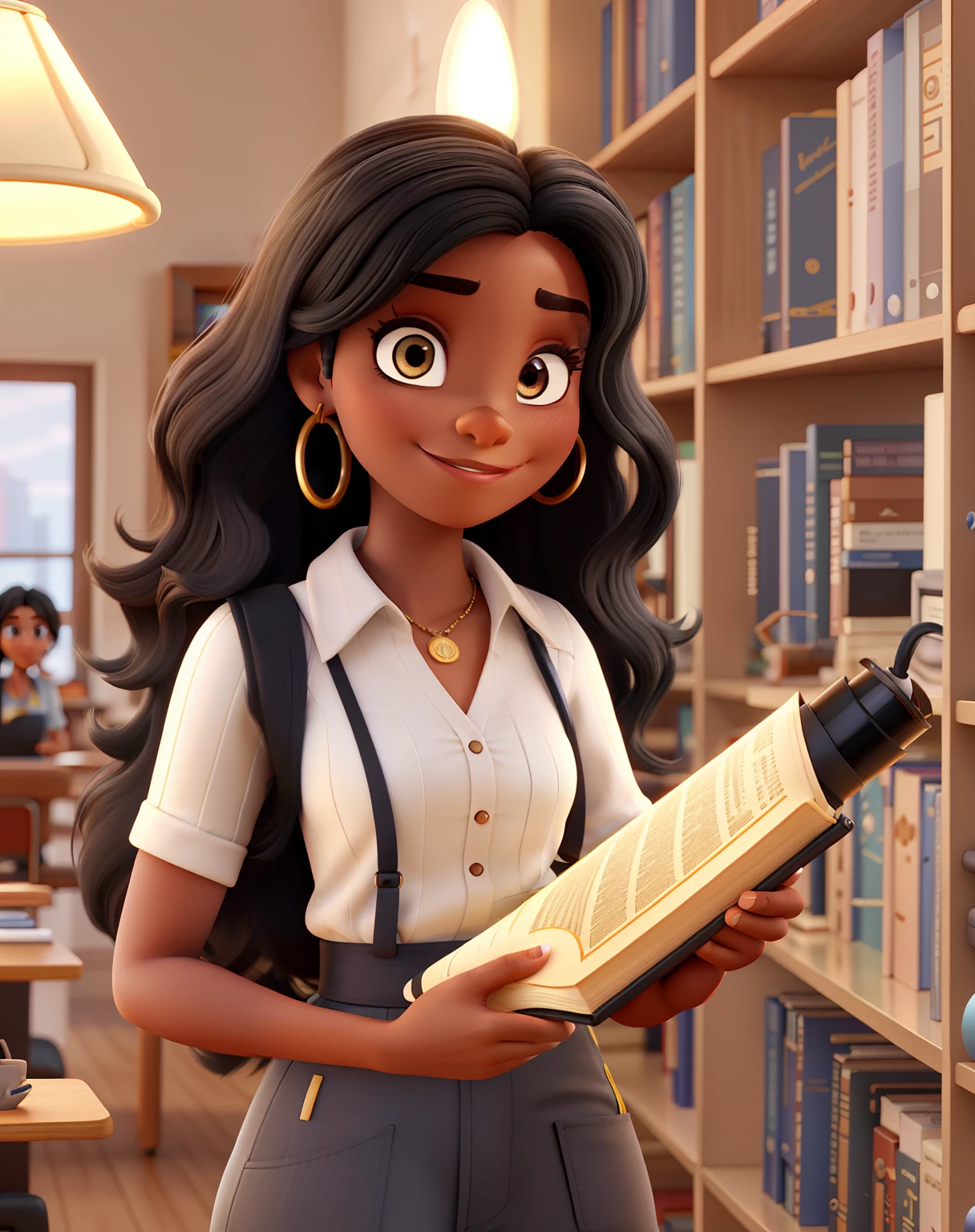 Disney Pixar Style A woman's black hair down to her waist ,cabelo liso, cabelo preto, Wise beige fur standing on the front, Full lips with cup of coffee in hand , illuminated by the light of a lamp, contra o pano de fundo de uma biblioteca