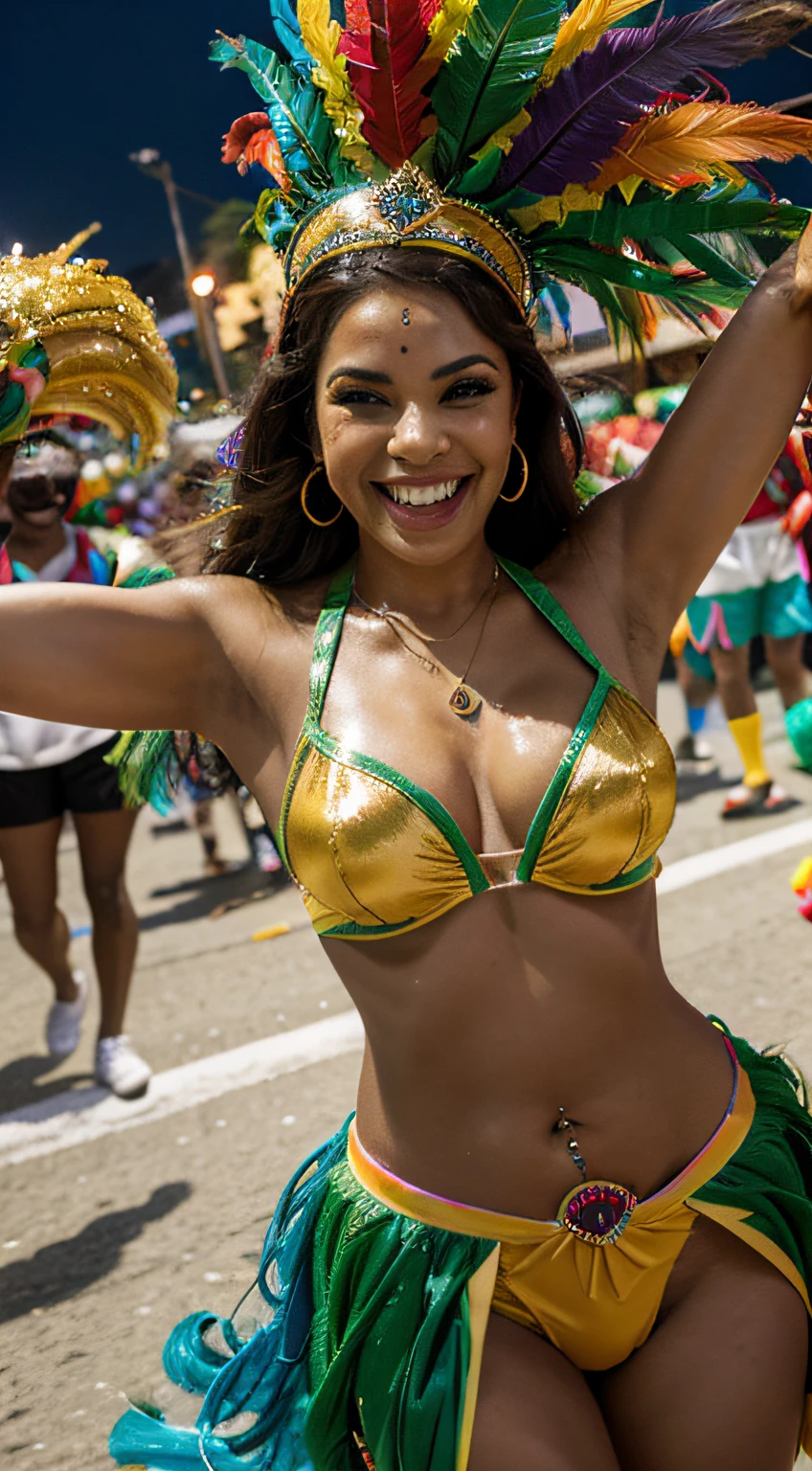 A vibrant photo of Rio de Janeiro's Carnival parades, with colorful costumes, lively music and a cheering crowd, illustrating the infectious energy and joy of this festival.