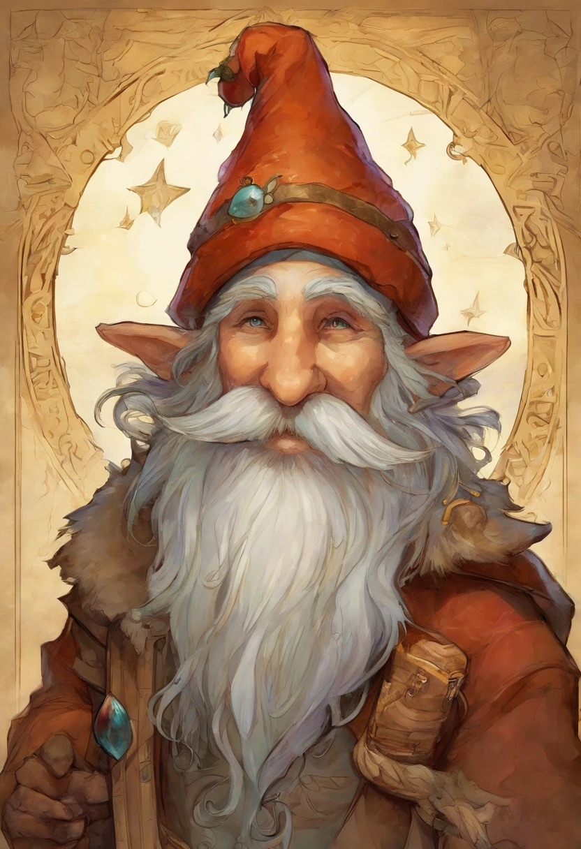 a close up of a cartoon gnome with a hat and a bag, concept art by Tony DiTerlizzi, Artstation contest winner, lowbrow, brian froud juan gimenez, portrait of a gnome called eldon, jean - baptiste monge, brian froud style, monge jean-baptiste monge, jean baptiste monge