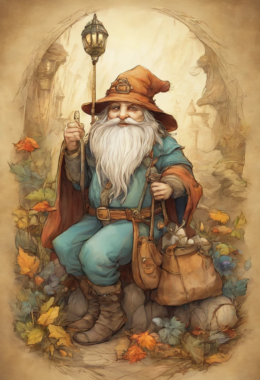 a close up of a cartoon gnome with a hat and a bag, concept art by Tony DiTerlizzi, Artstation contest winner, lowbrow, brian froud juan gimenez, portrait of a gnome called eldon, jean - baptiste monge, brian froud style, monge jean-baptiste monge, jean baptiste monge