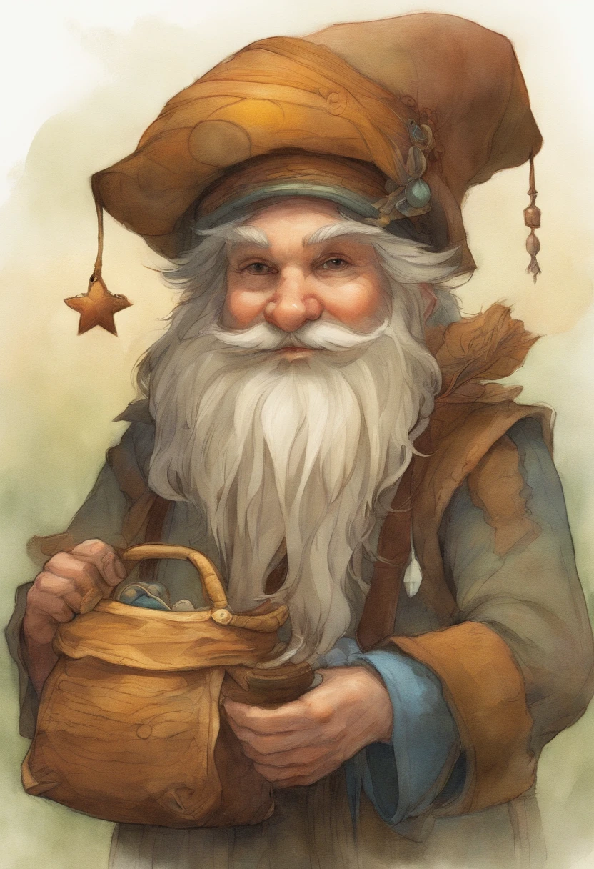 a close up of a cartoon gnome with a hat and a bag, concept art by Tony DiTerlizzi, Artstation contest winner, lowbrow, brian froud juan gimenez, portrait of a gnome called eldon, jean - baptiste monge, brian froud style, monge jean-baptiste monge, jean baptiste monge