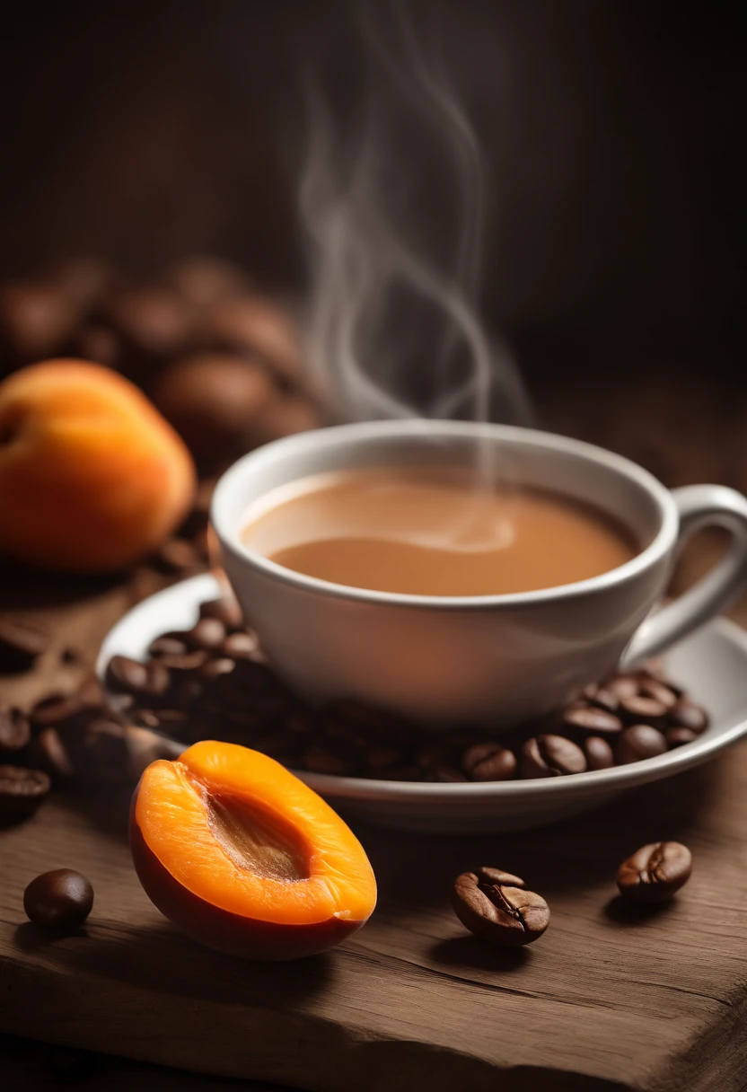 Artist's impression of a steaming cup of coffee in rustic setting. Fresh coffee beans spread on wood next to it. Dew acerolas and apricots in the middle positioned next to the cup, destacando cores e texturas. Feeling of freshness and desire to taste.