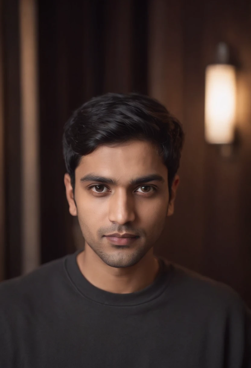 30 year old Indian man with black hair in a sweatshirt, portrait, looking directly at the camera, headshot, shaved, in a club