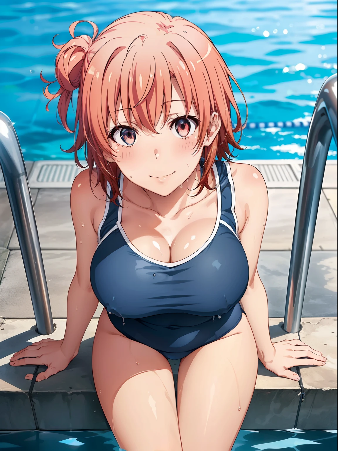 ((masutepiece, Best Quality, hight resolution, nffsw, Perfect Pixel, depth of fields, 4K, )), 1girl in, Solo, Lori, Beautiful anime girl, Beautiful Art Style,
close up, Looking at Viewer,
Perfect body,
Yuigahama Yui, Short hair, (large boob),
Full face blush, Smile,
(dark blue school swimsuit:1.3),
thighs thighs thighs thighs, cleavage,
Sweat, Wet hair, Wet body,
Pool, Summer, Shiny skin,
Leading Ahead, Upper Eyes, From above