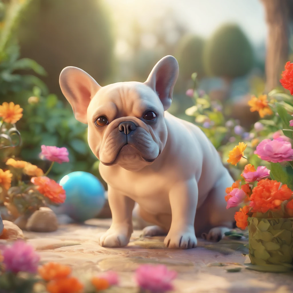 (a smiling woman),(beautiful detailed eyes),(smiling lips),(long eyelashes),(Franzi:1.1),(creme-colored),(French Bulldog),(medium:Disney Pixar),(beautiful garden scene),(lush greenery),(colorful flowers),(playful atmosphere),(sunshine),(Molly:1.1),(Molly lying down),(friendly disposition),(soft and fluffy coat),(Disney Pixar style),(vibrant colors),(magical ambience),(best quality,4k,highres),(ultra-detailed),(realistic:1.37),(professional lighting),(captivating composition)