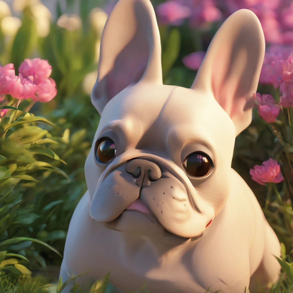 (a smiling woman),(beautiful detailed eyes),(smiling lips),(long eyelashes),(Franzi:1.1),(creme-colored),(French Bulldog),(medium:Disney Pixar),(beautiful garden scene),(lush greenery),(colorful flowers),(playful atmosphere),(sunshine),(Molly:1.1),(Molly lying down),(friendly disposition),(soft and fluffy coat),(Disney Pixar style),(vibrant colors),(magical ambience),(best quality,4k,highres),(ultra-detailed),(realistic:1.37),(professional lighting),(captivating composition)