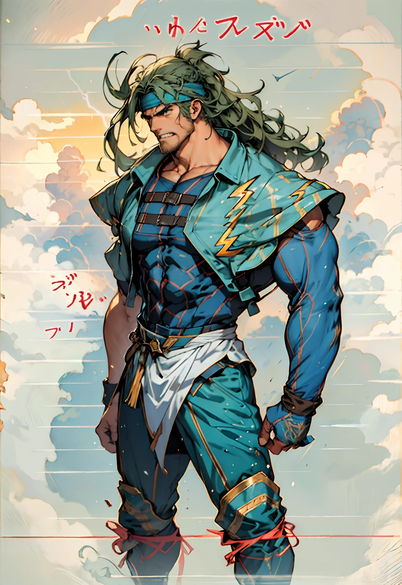 A middle-aged man, dark green long hair, wildly disheveled and exaggerated hairstyle, a headband, no eyebrows, a stern gaze, a well-defined facial structure, a tall and muscular physique, a fantasy-realistic style outfit, only a half-length windbreaker coat, sleeveless, revealing sturdy abdominal muscles, wearing wrist guards adorned with sharp teeth, matching trousers with the outfit, standing like a deity, dark clouds gathering in the sky, flashes of lightning and thunder, wild winds swirling around, this character embodies a finely crafted fantasy-style wild overlord in anime style, characterized by an exquisite and mature manga illustration art style, high definition, best quality, highres, ultra-detailed, ultra-fine painting, extremely delicate, professional, anatomically correct, symmetrical face, extremely detailed eyes and face, high quality eyes, creativity, RAW photo, UHD, 8k, Natural light, cinematic lighting, masterpiece-anatomy-perfect, masterpiece:1.5