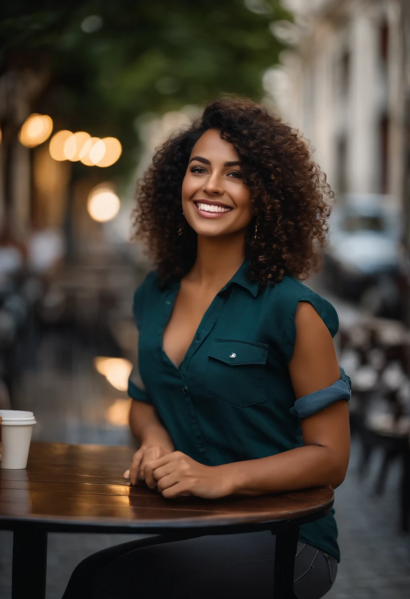Beautiful Brazilian mulatto woman sitting and drinking coffee outside on the side of the street in a small café, beautiful face, Short curly black hair down to the nape of her neck with brown eyes and heavy eyeshadow, Wearing jeans and a black polo shirt, grande estilo de moda, looking at you with loving eyes and a soft smile, Background is a European city of the city center, fundo desfocado, profundidade de campo rasa, Cinematic light, luz suave, retroiluminado, micro-detalhes, renderizado, fotorrealista, cinemactic
