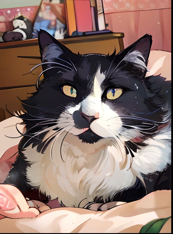 araffe cat laying on a bed with a blanket in a bedroom, markings on his face, tuxedo cat, whiskers, tufty whiskers, poofy, black and white cat, ear floof, a handsome, anthropomorphic large maine coon, with a white nose, stinky, very handsome, cat face, close portrait, portrait shot
