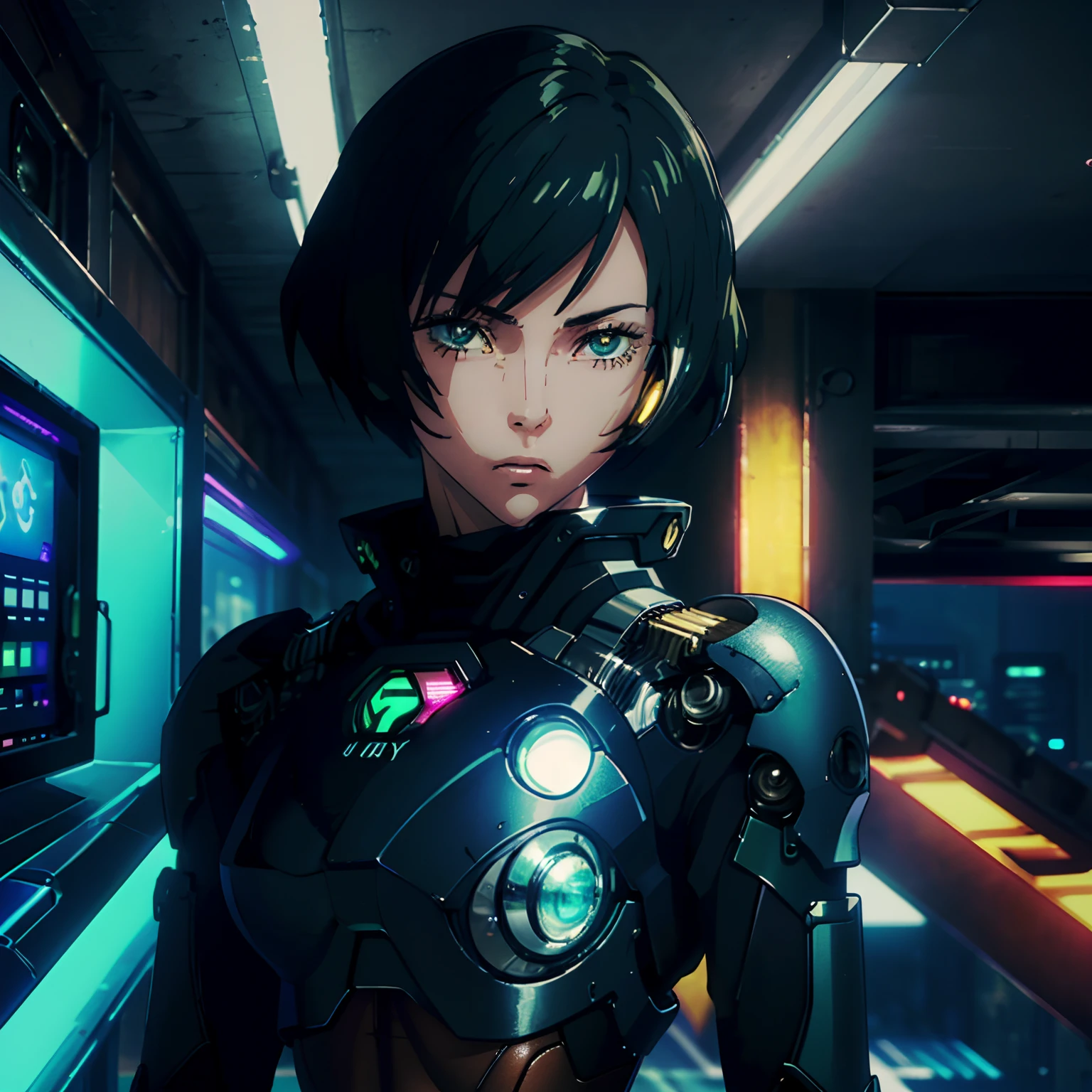 (巨作:1.2, Best Quality), (highly detailed CG Unity 8k wallpaper, best shadow), A highly detailed, (meticulously detailed beautiful eyes: 1.2), (1girll), ((cyborg, High-tech,neon lights)), (cowboy shot:1.2), anime, futuristic, 巨作, Best Quality, highly detail, 4k