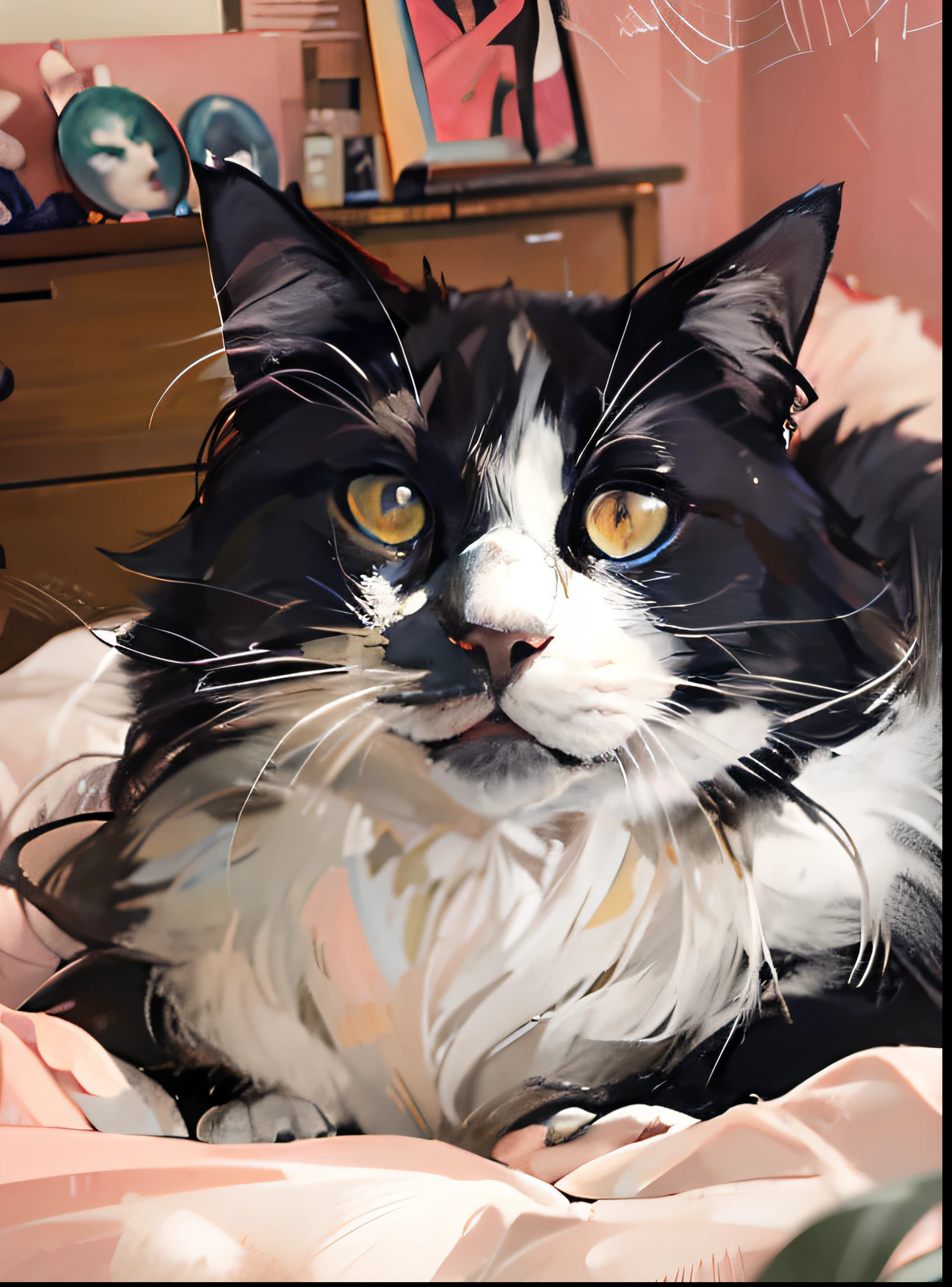 araffe cat laying on a bed with a blanket in a bedroom, markings on his face, tuxedo cat, whiskers, tufty whiskers, poofy, black and white cat, ear floof, a handsome, anthropomorphic large maine coon, with a white nose, stinky, very handsome, cat face, close portrait, portrait shot