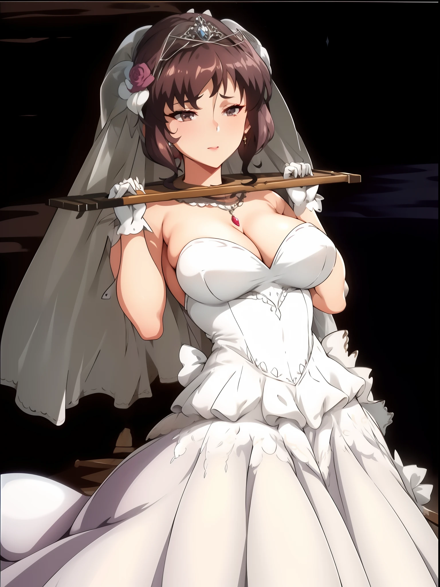 son,Close-up of a beautiful bride in a beautiful wedding dress, Gurvetz,( pillory:1.5), Flail on the head, Flail on the hands, Flail,(Bridal veil: 1.5), (Short transparent veil: 1.5), Flushed face, Head flower, head gear, (Tubular wedding dress: 1.5), (Silk dress: 1.2 ), (Strapless wedding dress: 1.5), Pure white dress, necklace, Earrings, (Huge breasts: 1.3), Deep V heart collar wedding dress, bangs, lipstick, (Lace gloves: 1.3), Full body photo, High detail RAW color art, a white long skirt, Whole body, with hands behind her back, and floor-length skirts,