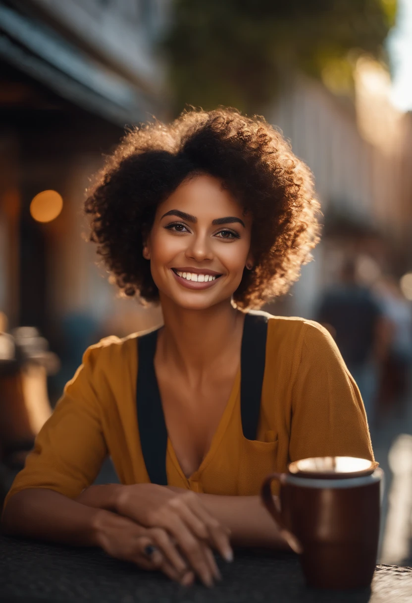 Beautiful Brazilian mulatto woman sitting and having coffee outside on the street side in a small café, beautiful face, Short curly black hair down to the nape of her neck with brown eyes and heavy eyeshadow, Wearing jeans and a black polo shirt, grande estilo de moda, looking at you with loving eyes and a soft smile, Background is a European city of the city center, fundo desfocado, profundidade de campo rasa, Cinematic light, luz suave, retroiluminado, micro-detalhes, renderizado, fotorrealista, cinemactic, estilo pixar