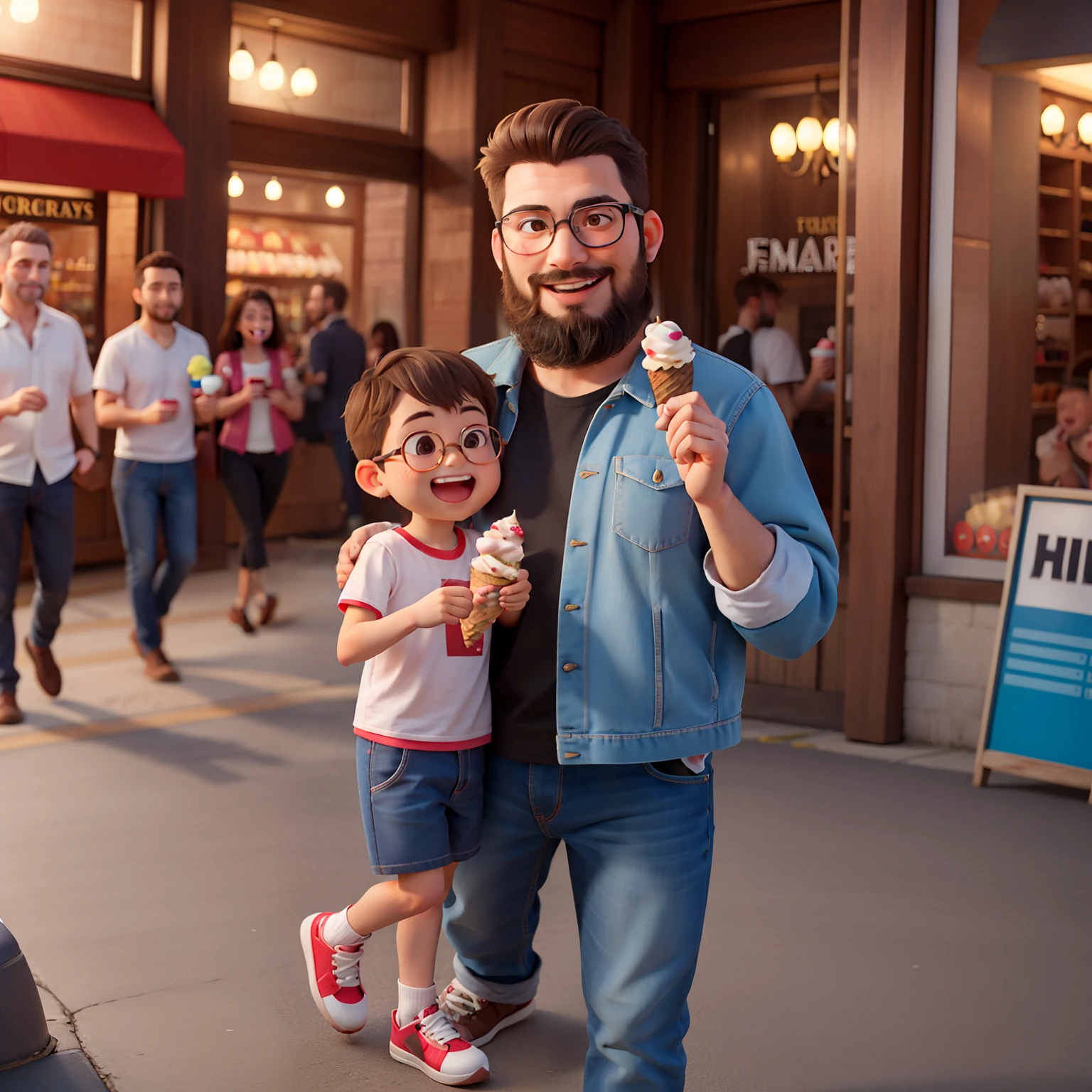 Masterpiece, high quality, best quality, Araffe with a beard and glasses seen on a man's shoulders, with a child, father with son, mother, Eating ice cream cone in the mall, dark-skinned people, brown hair and eyes smiling.