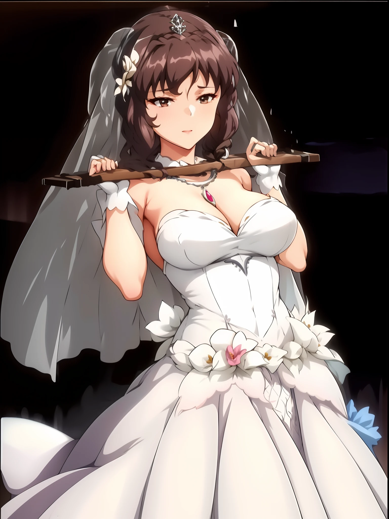 son,Close-up of a beautiful bride in a beautiful wedding dress, Gurvetz,( pillory:1.5), Flail on the head, Flail on the hands, Flail,(Bridal veil: 1.5), (Short transparent veil: 1.5), Flushed face, Head flower, head gear, (Tubular wedding dress: 1.5), (Silk dress: 1.2 ), (Strapless wedding dress: 1.5), Pure white dress, necklace, Earrings, (Huge breasts: 1.3), Deep V heart collar wedding dress, bangs, lipstick, (Lace gloves: 1.3), Full body photo, High detail RAW color art, a white long skirt, Whole body, with hands behind her back, and floor-length skirts,