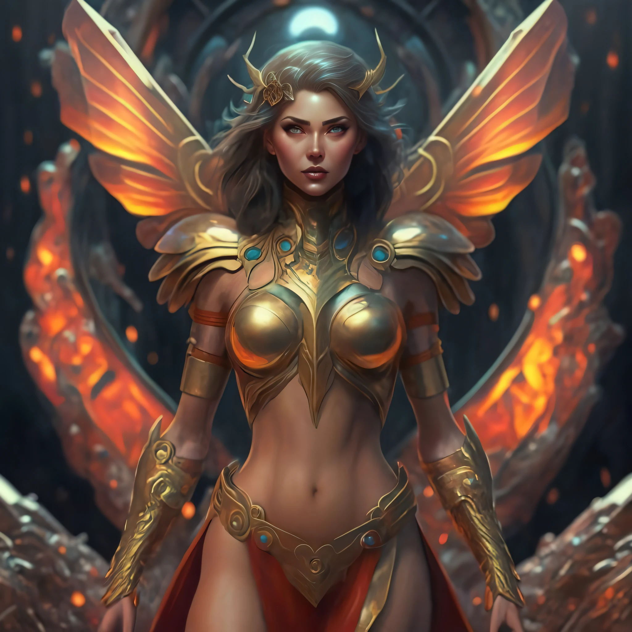 A woman with wings and a golden outfit in front of a fire, Epic Fantasy Digital Art Style, arte de fantasia digital 2d detalhada, arte fantasia behance, Arte de fantasia 4k, arte de fantasia digital 2d, epic fantasy HD art style, arte digital de fantasia detalhada, Epic fantasy art style, Artgerm Julie Bell Beeple, arte de fantasia detalhada