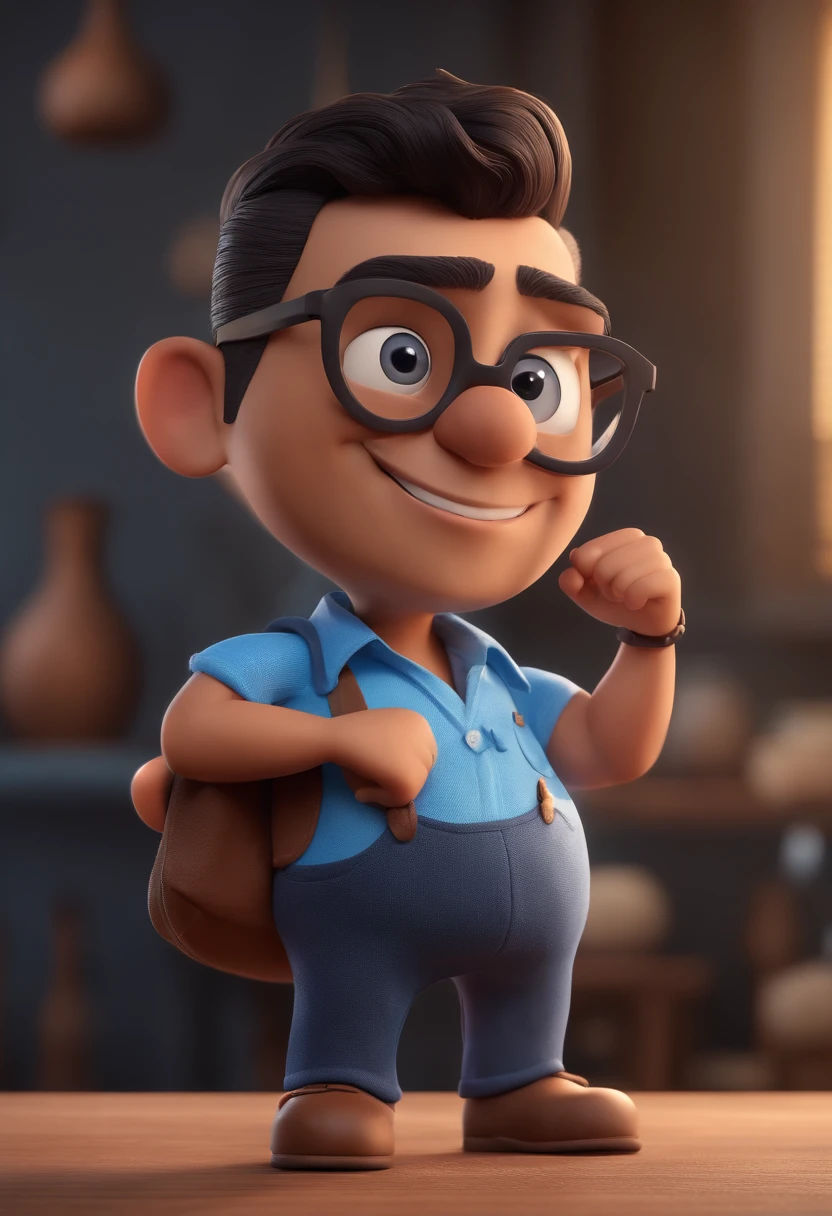Cartoon character of a man with black glasses and a blue shirt, animation character, Caractere estilizado, animation style rendering, 3D estilizado, Arnold Maya render, 3 d render stylized, toon render keyshot, Personagem 3D, Personagem 3D, 3d rendering stylized, 3 d character render, personagem de desenho animado, Personagem de close up, Pose de personagem,  (Estilo Pixar) (master part:1.2) (Bokeh) (best quality) (pele detalhada) (textura detalhada) (8k) (argila) (Cinematic lighting) (foco nítido