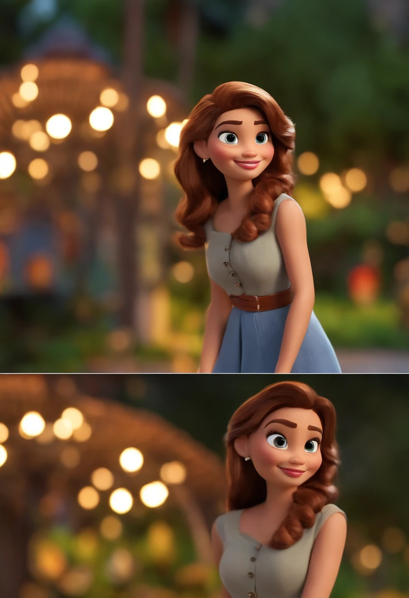 Mulher, estilo disney, tom de pele: claro:  Cabelo: marrom escuro, liso, curto, penteado para o lado direito. camisa: , Cor cinza. Fundo: Gray and white gradient,Comemorando, Hands raised, sorrindo, feliz, (estilo pixar) (obra-prima:1.2) (bokeh) (melhor qualidade) (pele detalhada) (textura detalhada) (8k) (claymation) (cinematic lighthing) (foco nítido