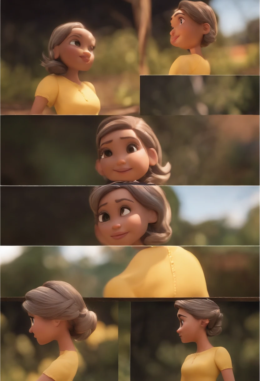 Mulher, estilo disney, tom de pele: claro: Cabelo: marrom escuro, liso, curto, penteado para o lado direito. camisa: , Cor cinza. Fundo: Gray and white gradient,Comemorando, Hands raised, sorrindo, feliz, (estilo pixar) (obra-prima:1.2) (bokeh) (melhor qualidade) (pele detalhada) (textura detalhada) (8k) (claymation) (cinematic lighthing) (foco nítido