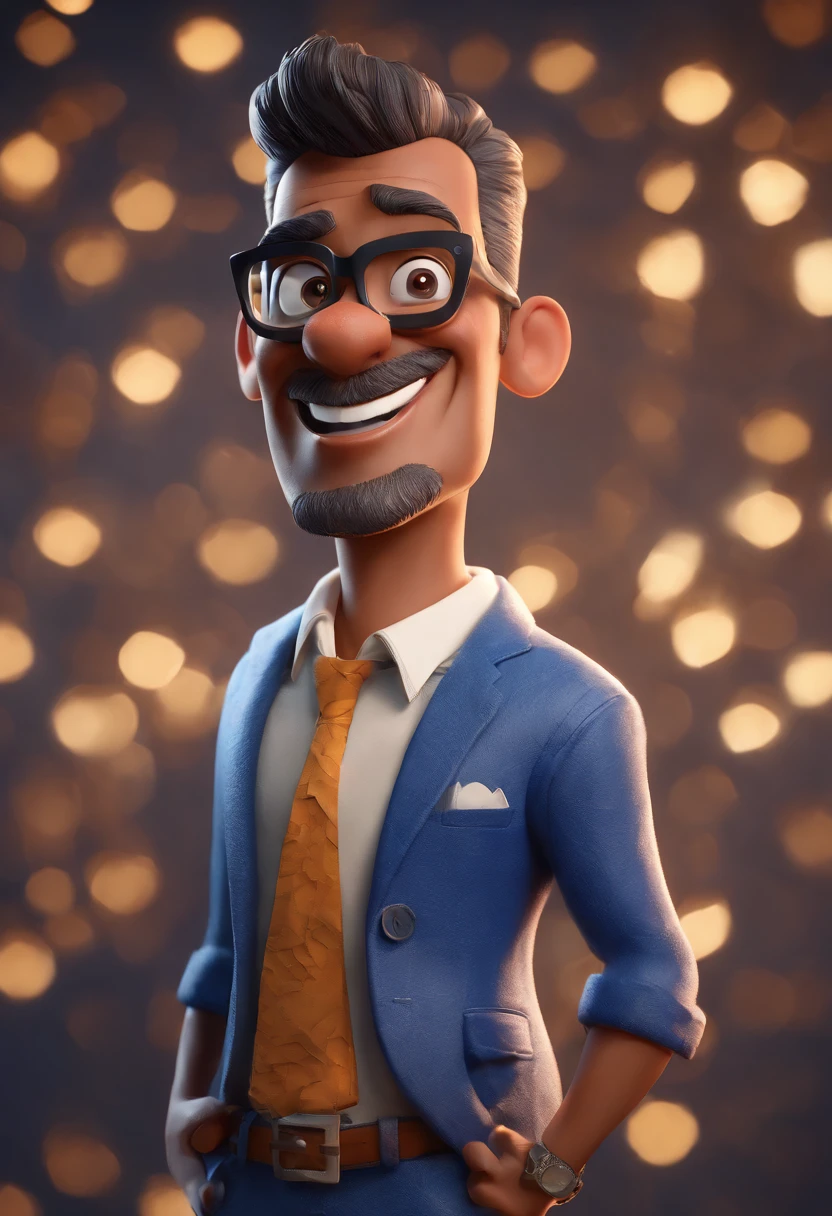 Cartoon character of a man with black glasses and a blue shirt, animation character, Caractere estilizado, animation style rendering, 3D estilizado, Arnold Maya render, 3 d render stylized, toon render keyshot, Personagem 3D, Personagem 3D, 3d rendering stylized, 3 d character render, personagem de desenho animado, Personagem de close up, Pose de personagem, (Estilo Pixar) (master part:1.2) (Bokeh) (best quality) (pele detalhada) (textura detalhada) (8k) (argila) (Cinematic lighting) (foco nítido